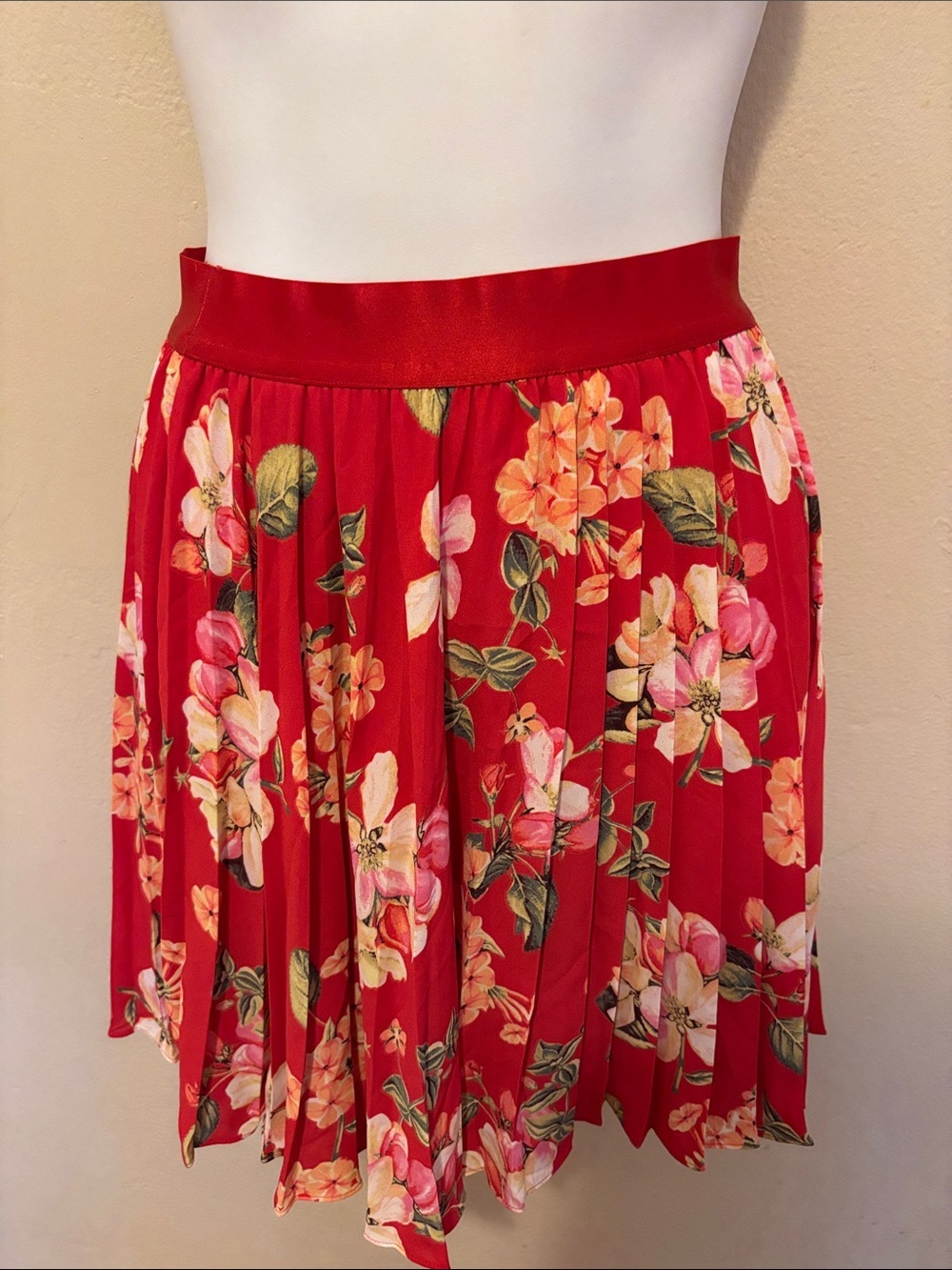 Express Red Floral Pleated Skater Skirt